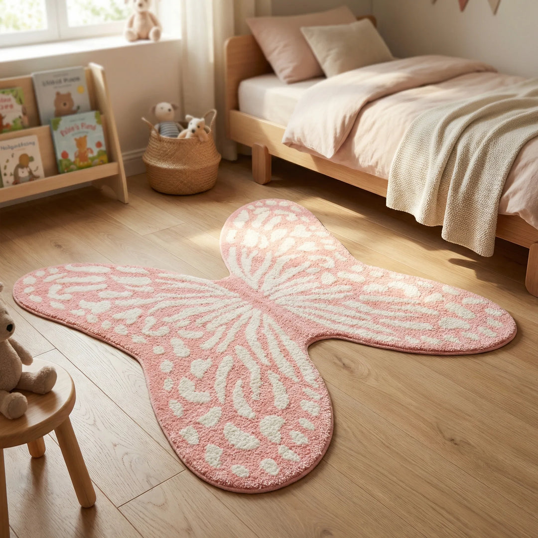Flowique Whimsical Butterfly Area Rug with wave pattern. Decorative floor accent for living room and bedroom decor.