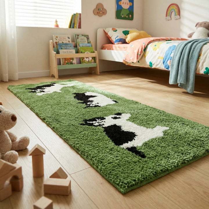 Whimsical dairy cat runner rug for kids' playroom. Soft, plush, easy-care cartoon animal rug with wave design.