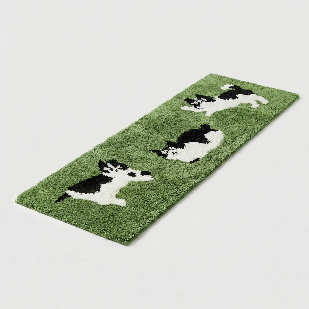 Kids' bedroom runner rug with cute dairy cat. Flowique wave pattern, soft texture. Perfect for play areas.