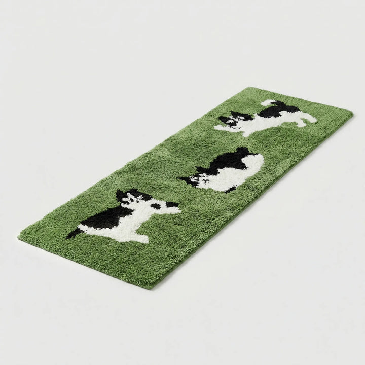 Kids' bedroom runner rug with cute dairy cat. Flowique wave pattern, soft texture. Perfect for play areas.