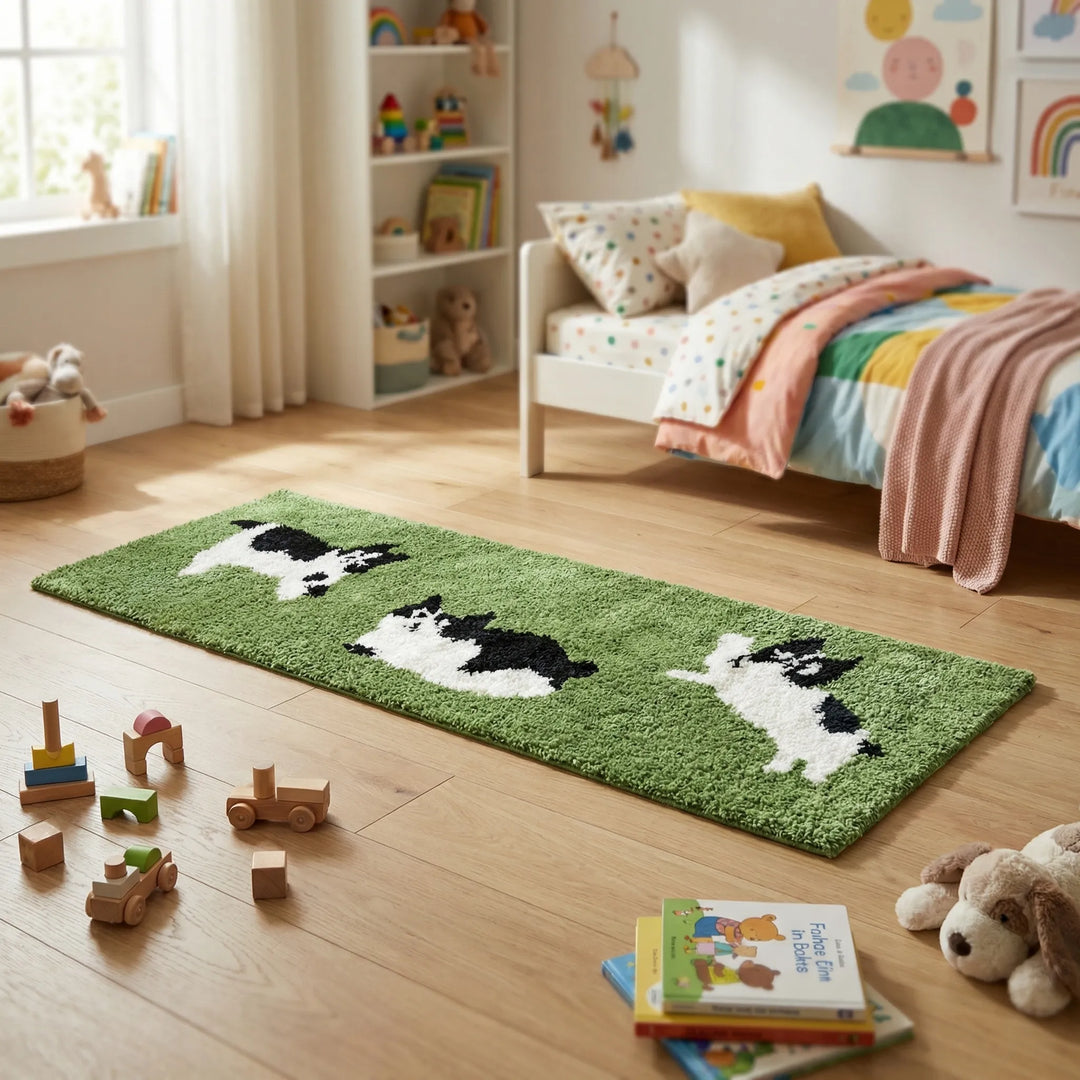 Cartoon dairy cat runner rug for kids' rooms. Whimsical animal design, soft plush feel, and easy care for play.