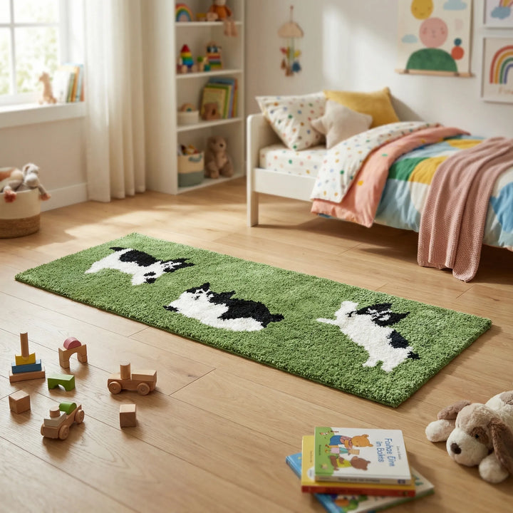 Cartoon dairy cat runner rug for kids' rooms. Whimsical animal design, soft plush feel, and easy care for play.