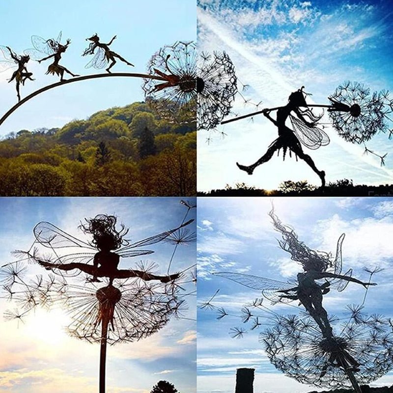 Whimsical fairy statue dancing on dandelion, steel metal art for enchanting outdoor garden decor.