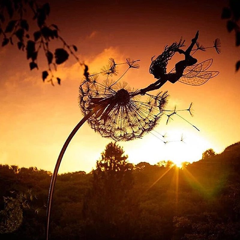 Steel dancing fairy garden lawn stake, whimsical outdoor ornament & metal art for garden decor.