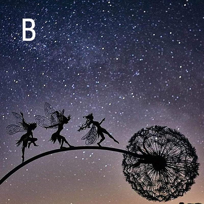 Whimsical steel dancing fairy garden statue, charming outdoor decor and metal art for your lawn.