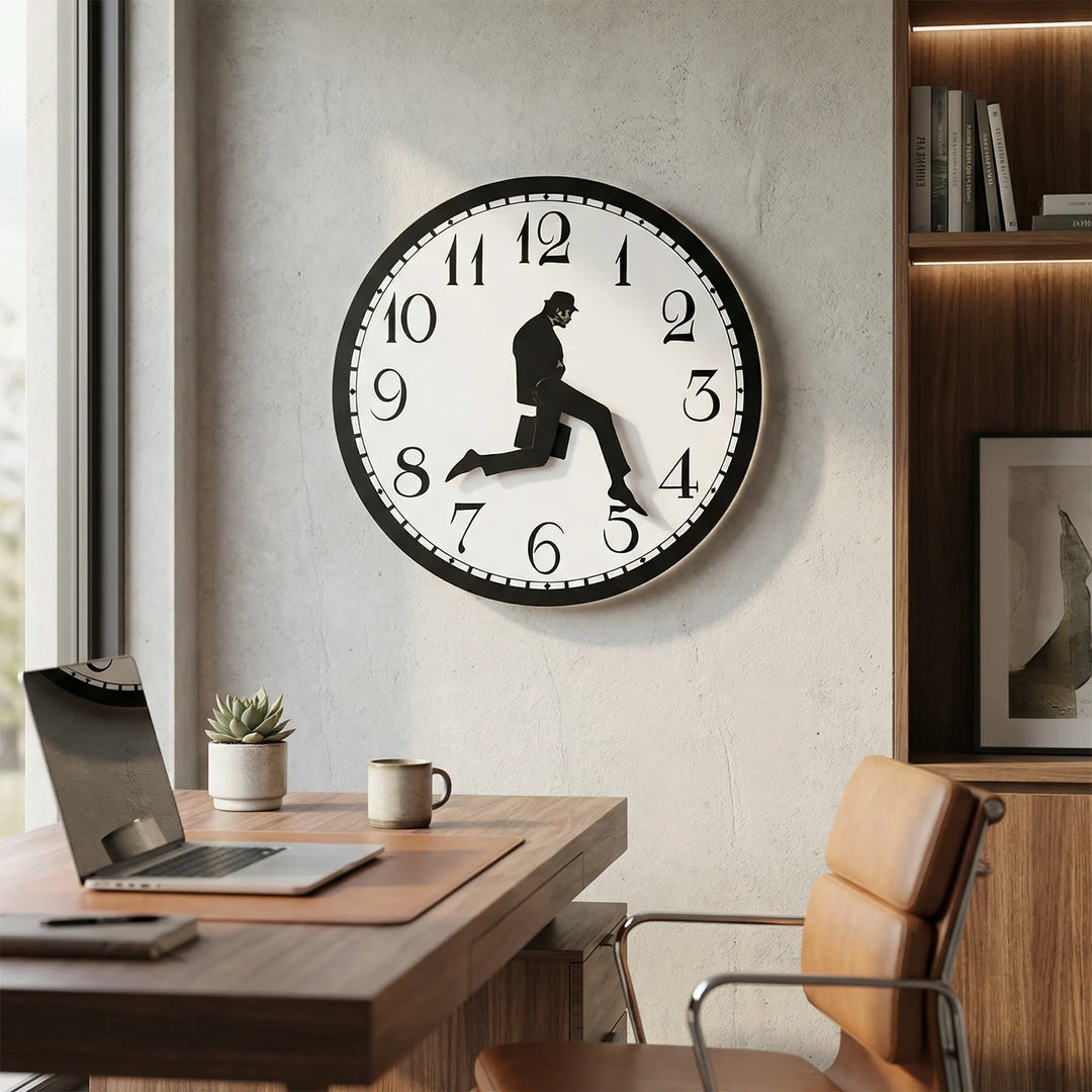 Whimsical modern wall clock with playful design, perfect for home decor. Battery-powered with silent movement.