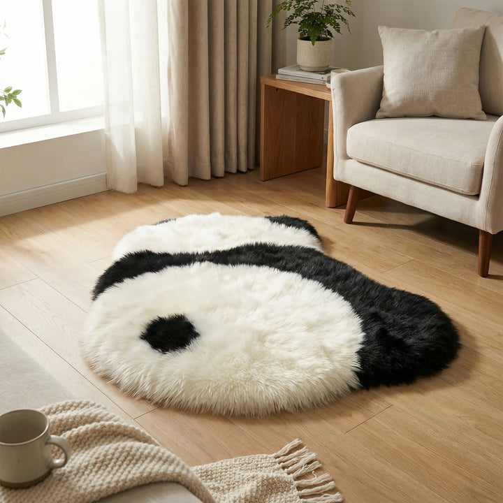 Whimsical panda accent rug, soft plush floor mat for kids room decor.