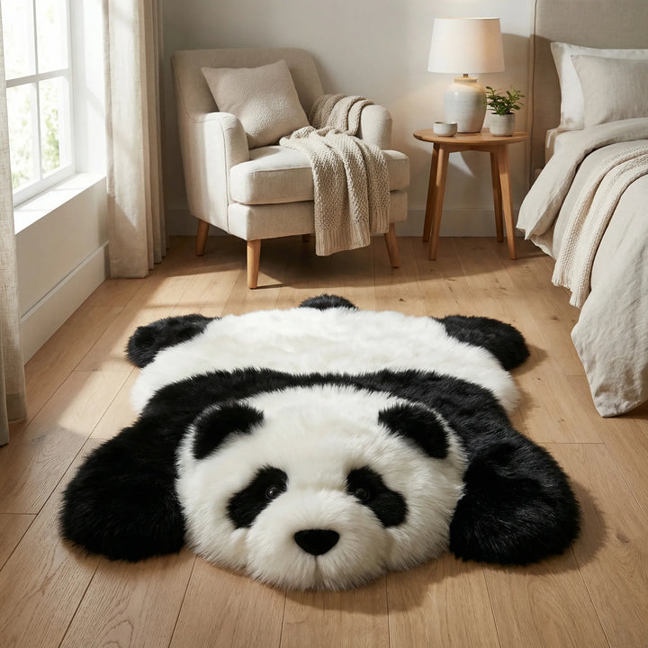 Flowique whimsical panda statement area rug, plush decorative floor mat with waves design.