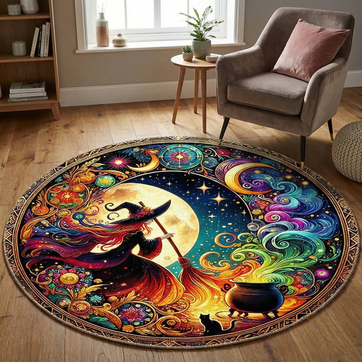 Whimsical round area rug with enchanting witchy design. Flowique wavy pattern. Perfect fantasy home decor.