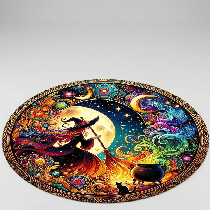 Enchanting witchy round area rug featuring a subtle moon design & Flowique waves. Ideal for bedroom decor.