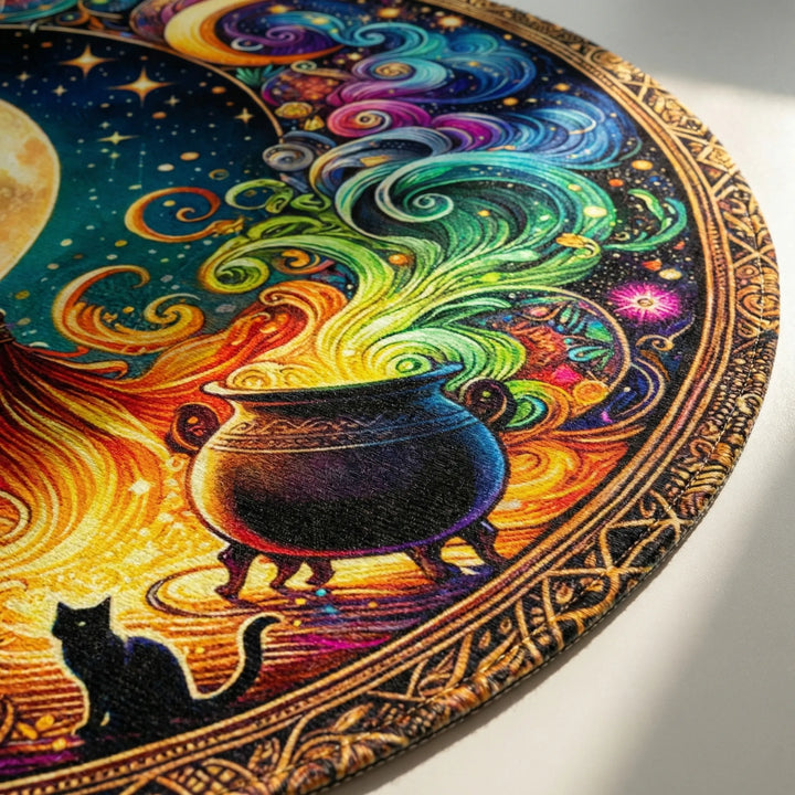 Decorative round area rug with whimsical fantasy design & Flowique waves. A unique accent for any living room.