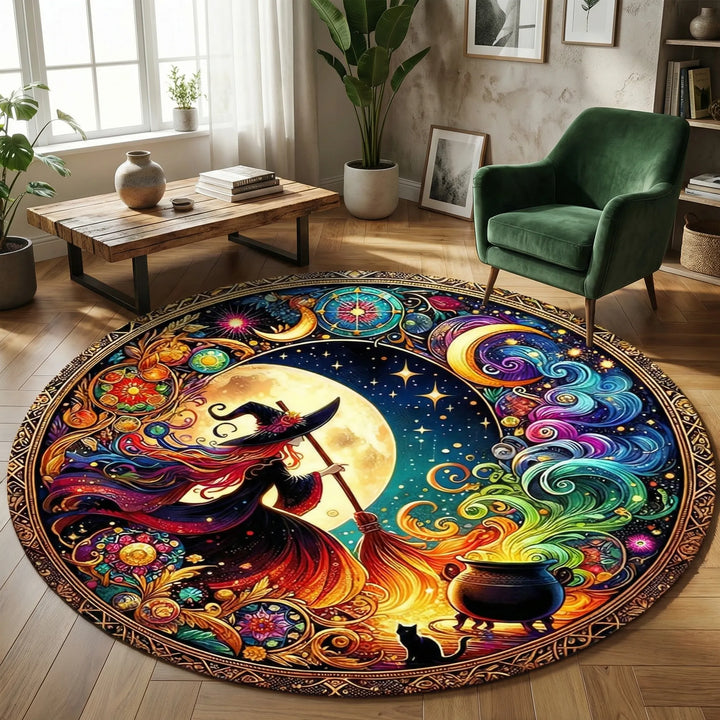 Whimsical witchy round area rug with an enchanting Flowique wavy pattern. Perfect statement piece for home decor.