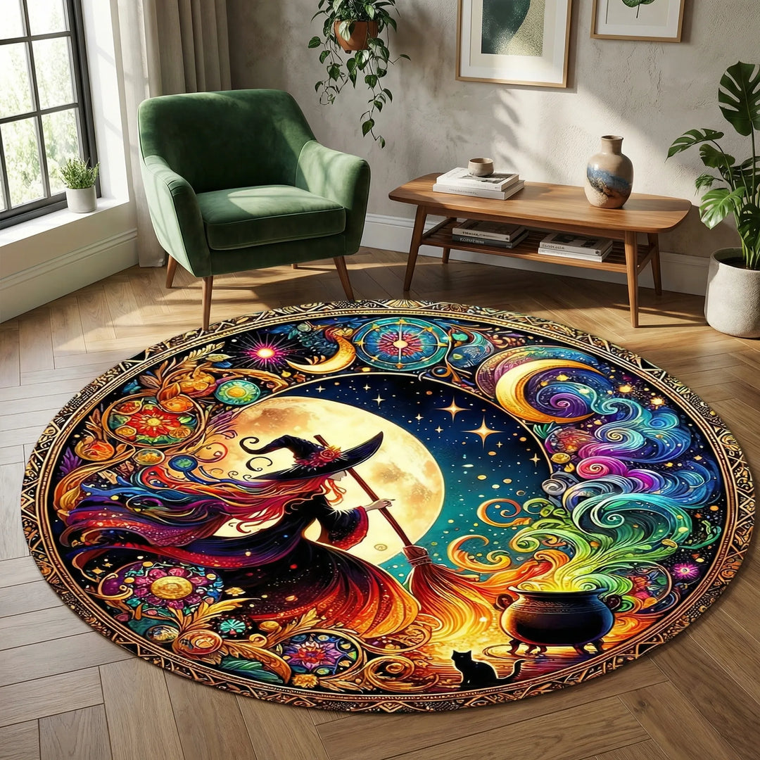 Round area rug: whimsical, witchy home decor with Flowique waves. Decorative accent for living room or bedroom.