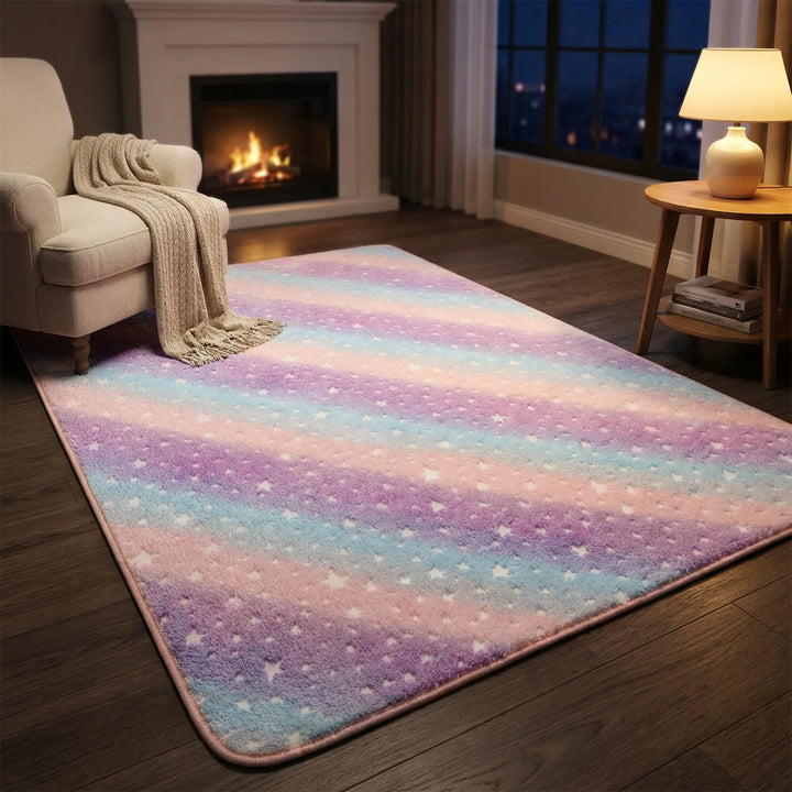 Whimsical star pattern area rug with soft pastel tones, perfect for cozy home decor.