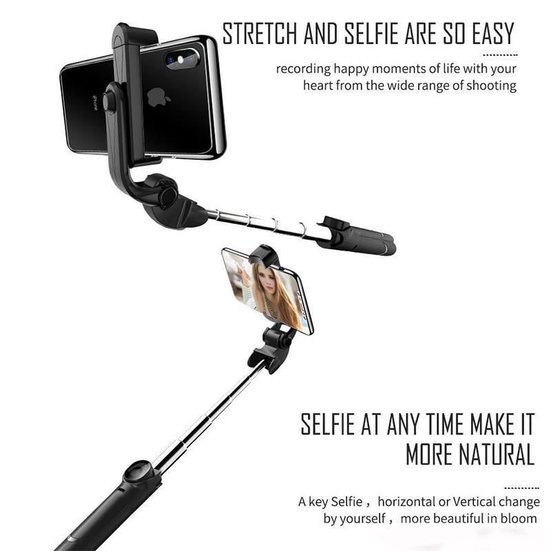 Close-up of the Bluetooth remote for a black selfie stick tripod, compatible with phones