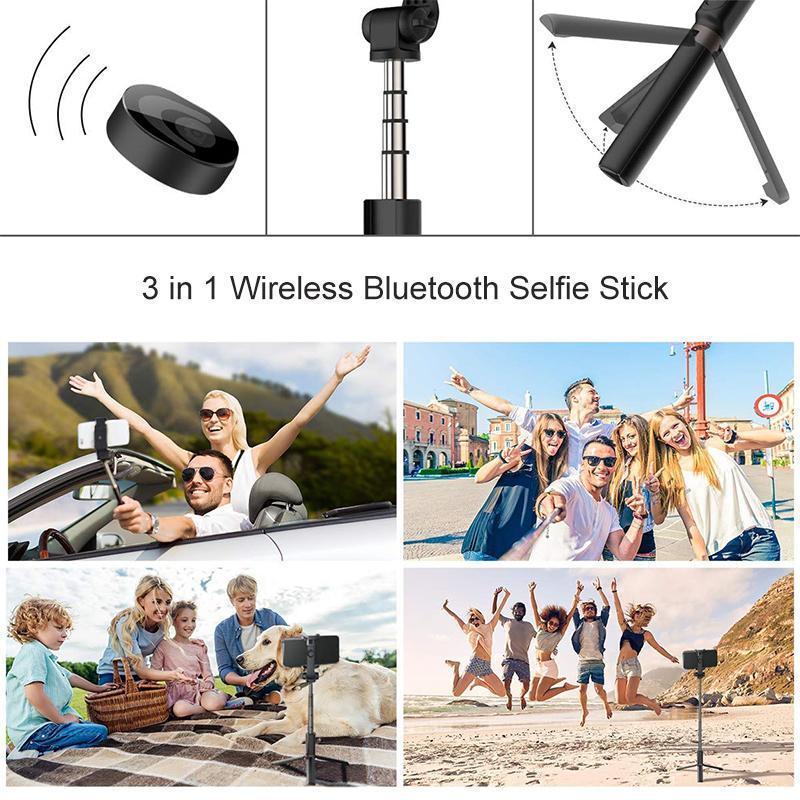 Black extendable selfie stick with a phone mounted, demonstrating its use as a vlogging tool