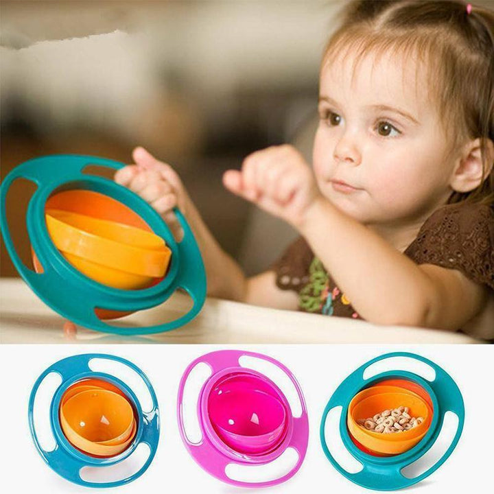 White and blue spill-proof gyro baby bowl with 360 rotation, perfect for toddler feeding and mealtime.