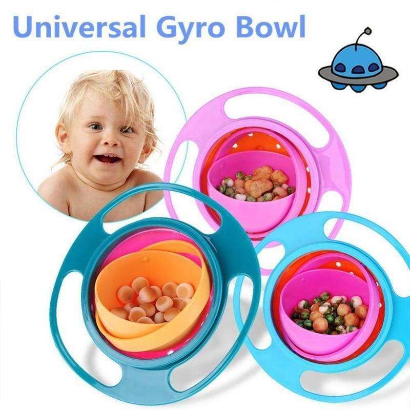 Child's hand holding a spill-proof gyro baby bowl with food inside, demonstrating its anti-spill feature.