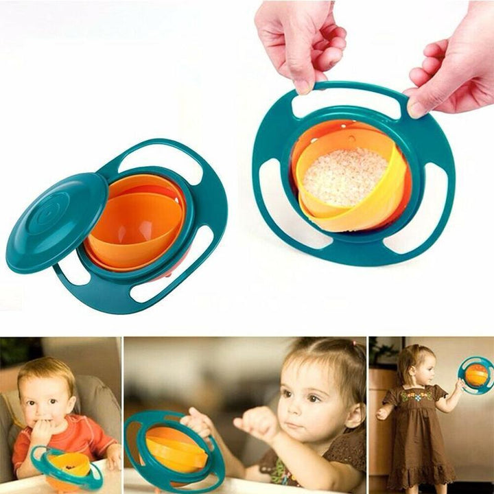 Spill-proof gyro bowl on a high chair tray, showing its stable design for toddler gear mealtime.