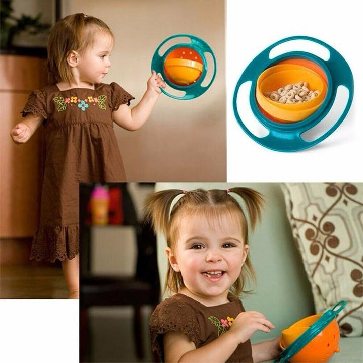 Set of spill-proof gyro bowls in different colors, ideal non-toxic baby feeding accessories.