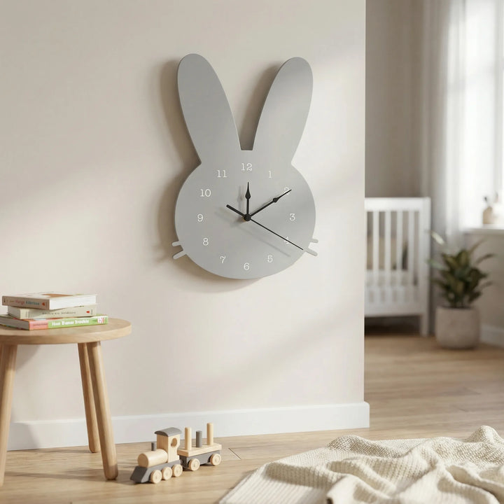 White bunny shaped silent wall clock, perfect decorative home accent for kids room or nursery.
