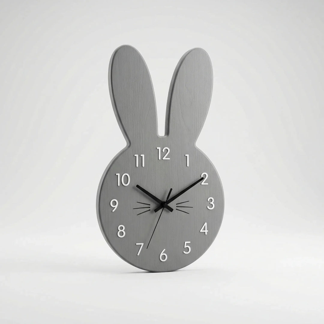 Scandinavian style white bunny wall clock, a charming decorative piece for a kids' bedroom or nursery decor.