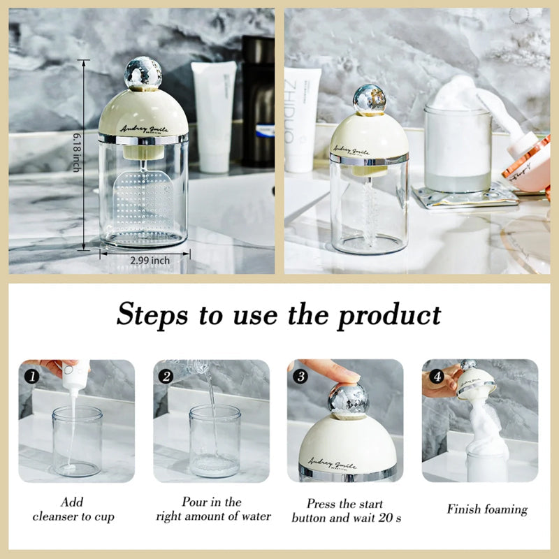 Electric facial foam maker in action, producing dense foam for enhanced skincare and deep cleansing.
