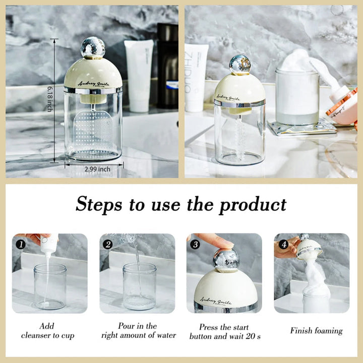 Electric facial foam maker in action, producing dense foam for enhanced skincare and deep cleansing.