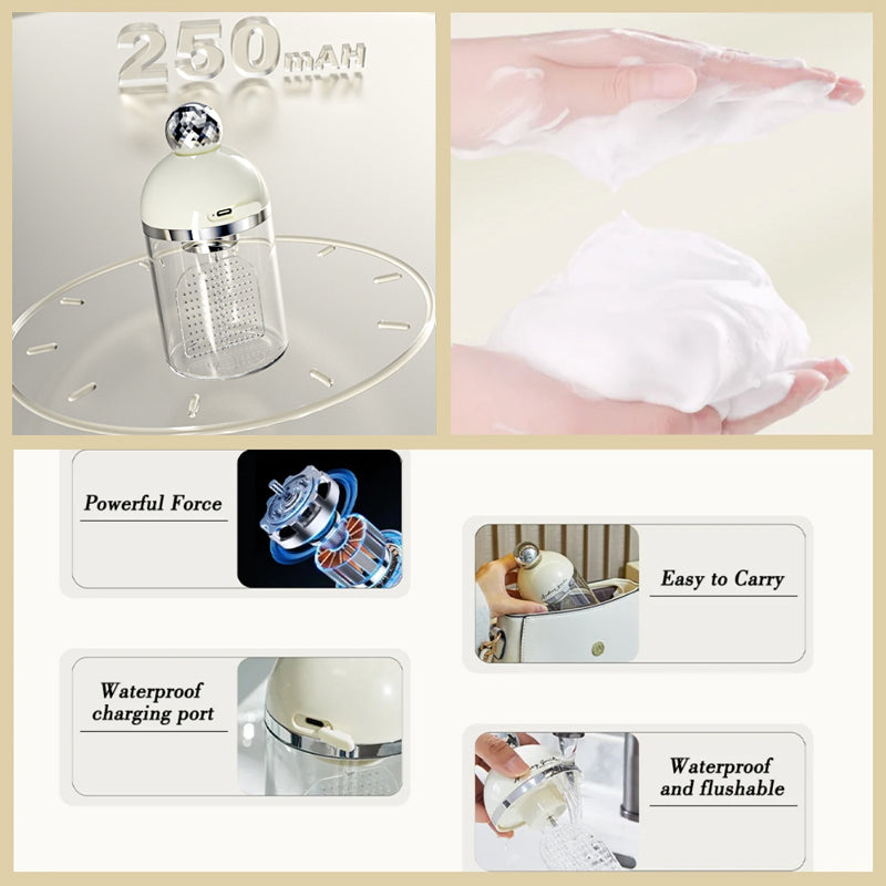 Ergonomic electric foam maker, a beauty tool for effective deep cleansing of the face.