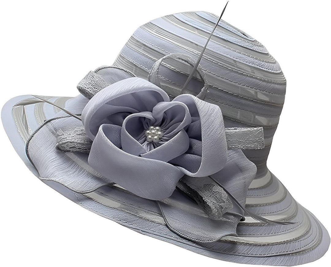 Elegant white organza sun hat for women with a wide brim, ideal for church or special events.