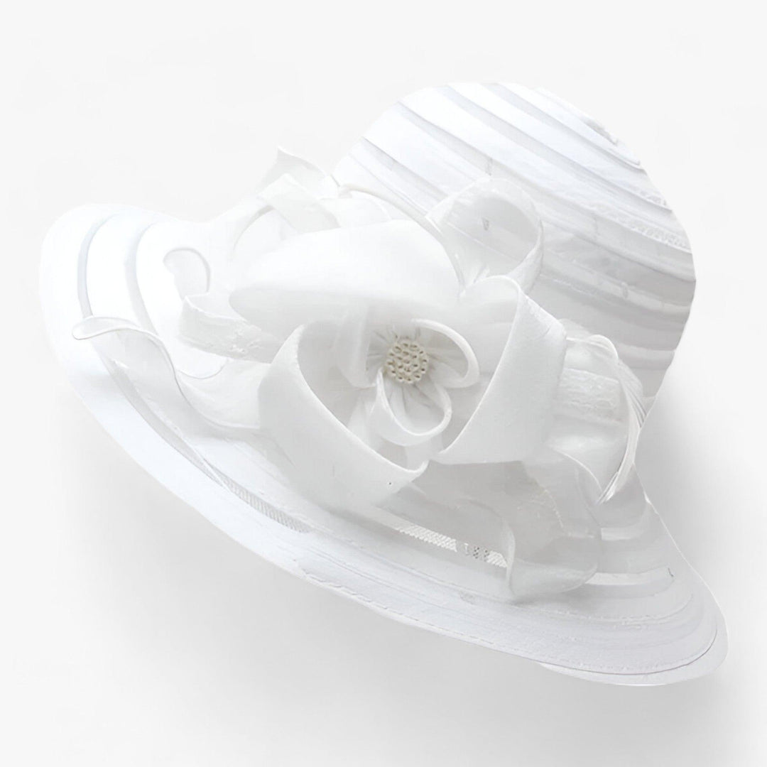 Mirielle women's elegant white organza sun hat, wide brim design for formal events & garden parties.