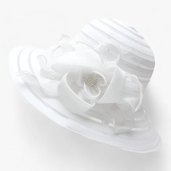 Mirielle women's elegant white organza sun hat, wide brim design for formal events & garden parties.