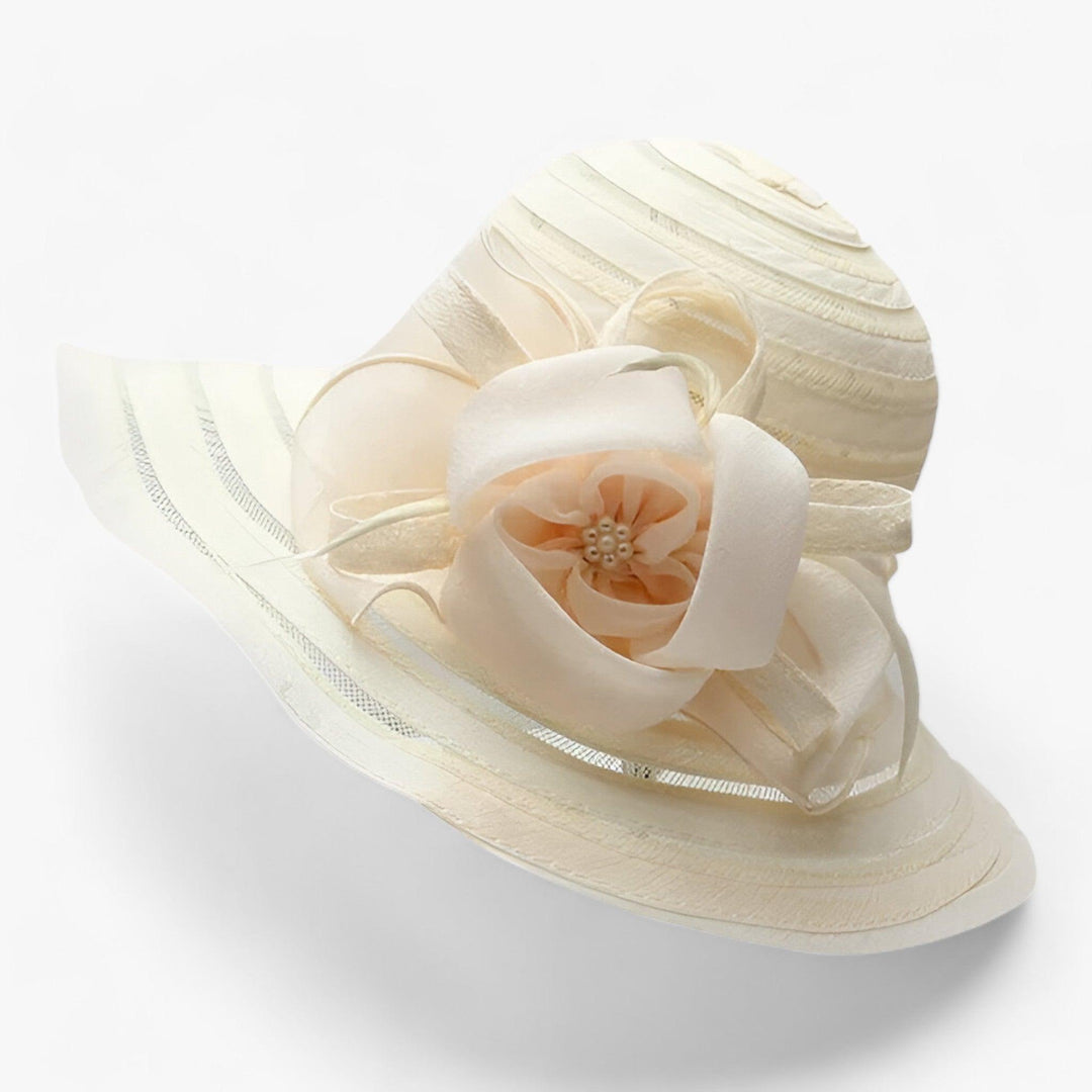 Mirielle women's elegant white organza sun hat, wide brim for weddings, church, & garden parties.