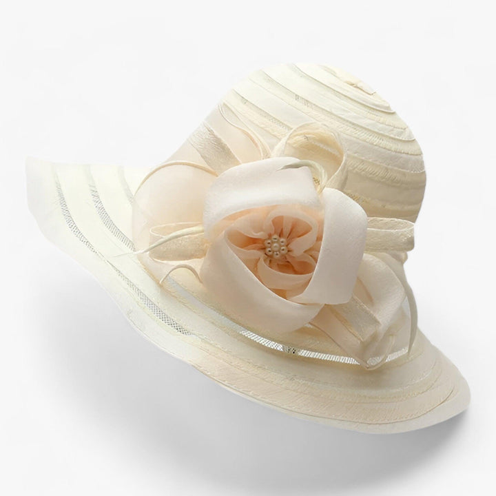 Mirielle women's elegant white organza sun hat, wide brim for weddings, church, & garden parties.