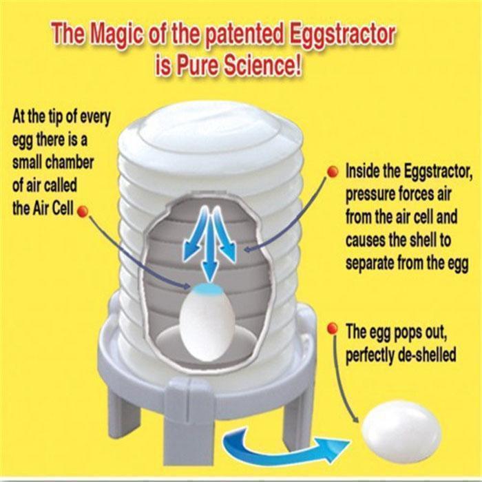 White plastic egg peeler tool for hard-boiled eggs, close-up of ergonomic design.