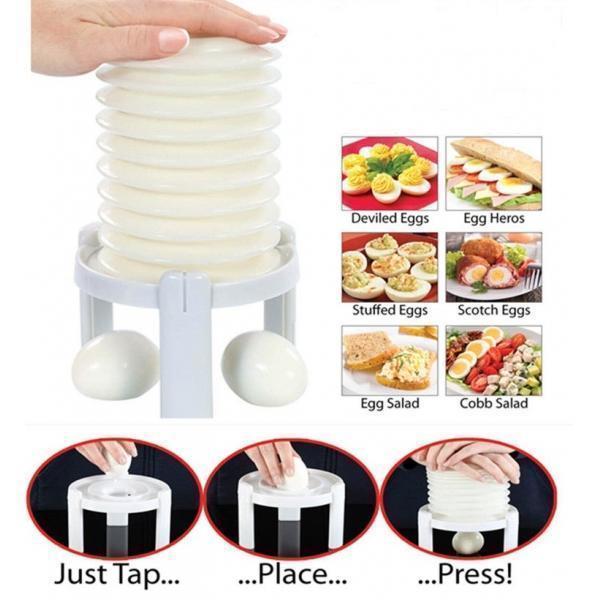Egg peeler tool, white plastic, designed for quick and easy hard-boiled egg peeling.