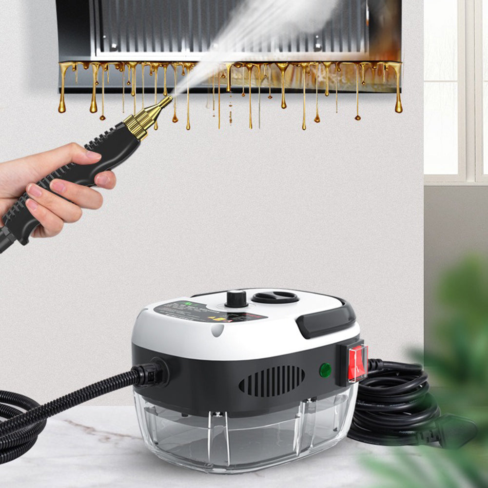 White & red 2500W high-pressure steam cleaner. Versatile home cleaning for deep sanitation.