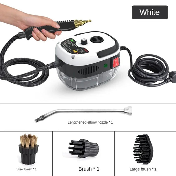 High-pressure steam cleaner, chemical-free for home sanitation. 2500W, 6 settings.