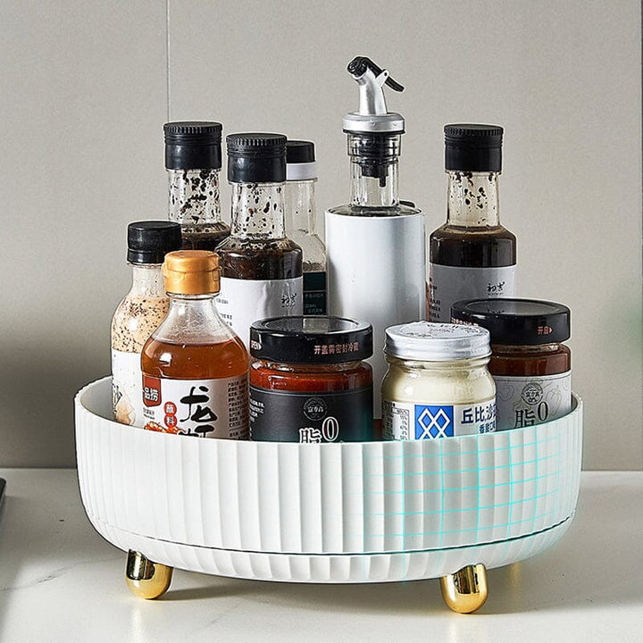 Top-down view of a white rotating turntable, perfect for kitchen and pantry organization, space saving