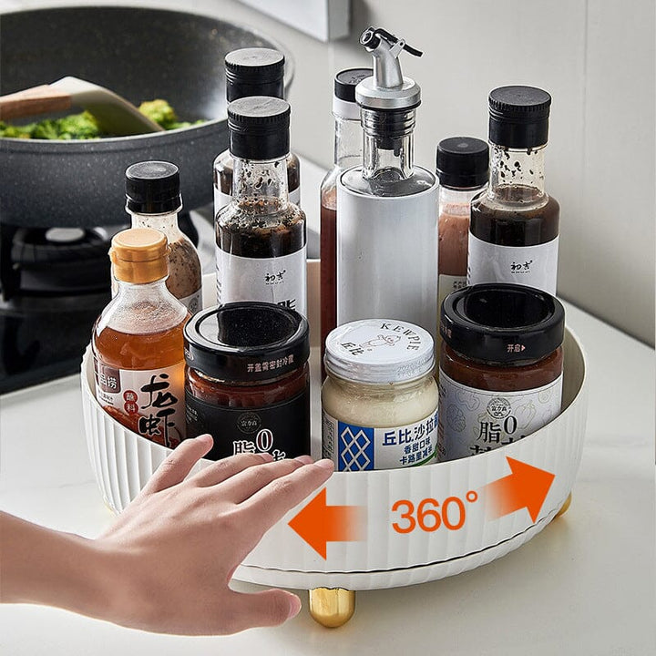 Green rotating storage rack, ideal for organizing kitchen and pantry essentials, home improvement