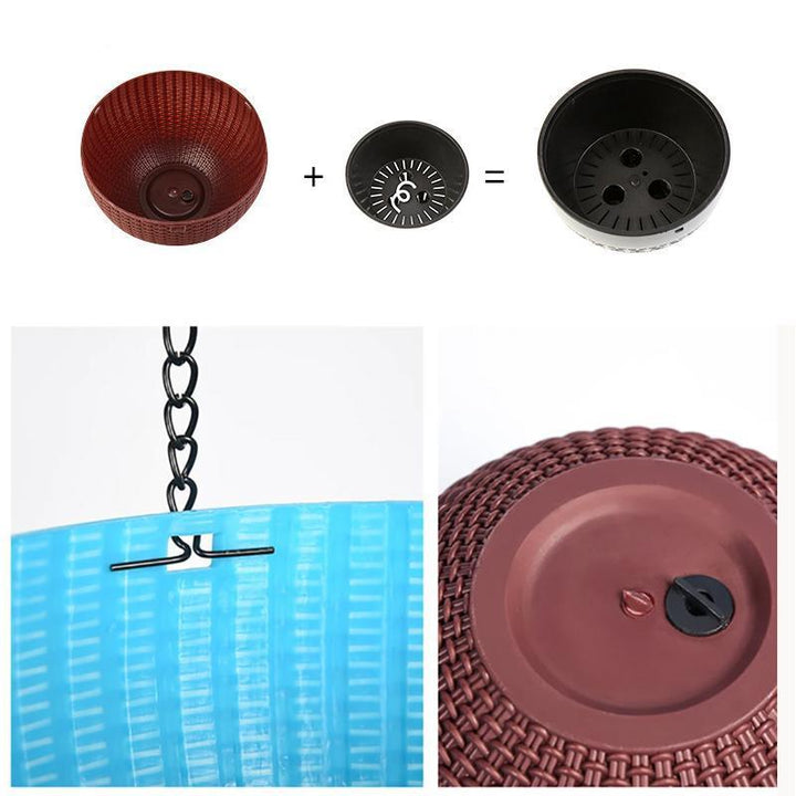 Set of self-watering hanging planters, suitable for indoor and outdoor garden display and decor.