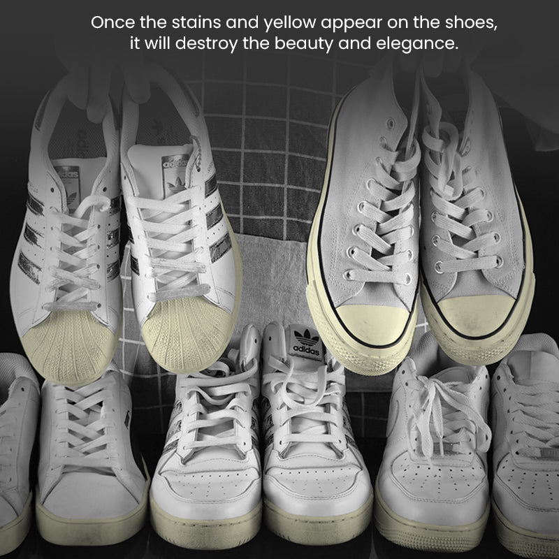 Close-up of Universal White Shoe Cleansing Gel restoring bright white to dirty shoes, sneaker care