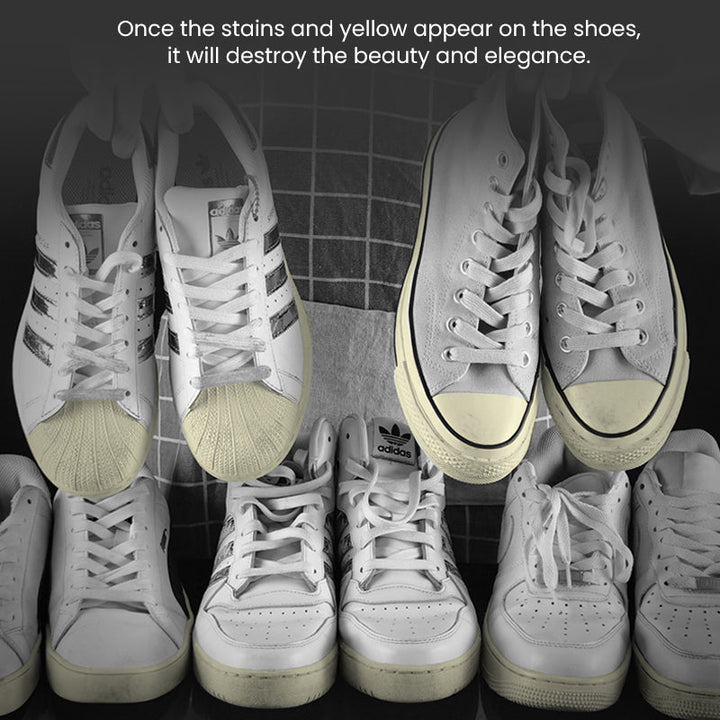 Close-up of Universal White Shoe Cleansing Gel restoring bright white to dirty shoes, sneaker care