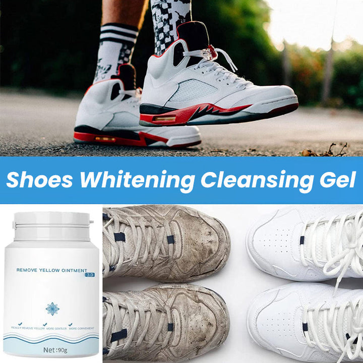 Hand holding Universal White Shoe Cleansing Gel next to a pair of white sneakers, stain remover