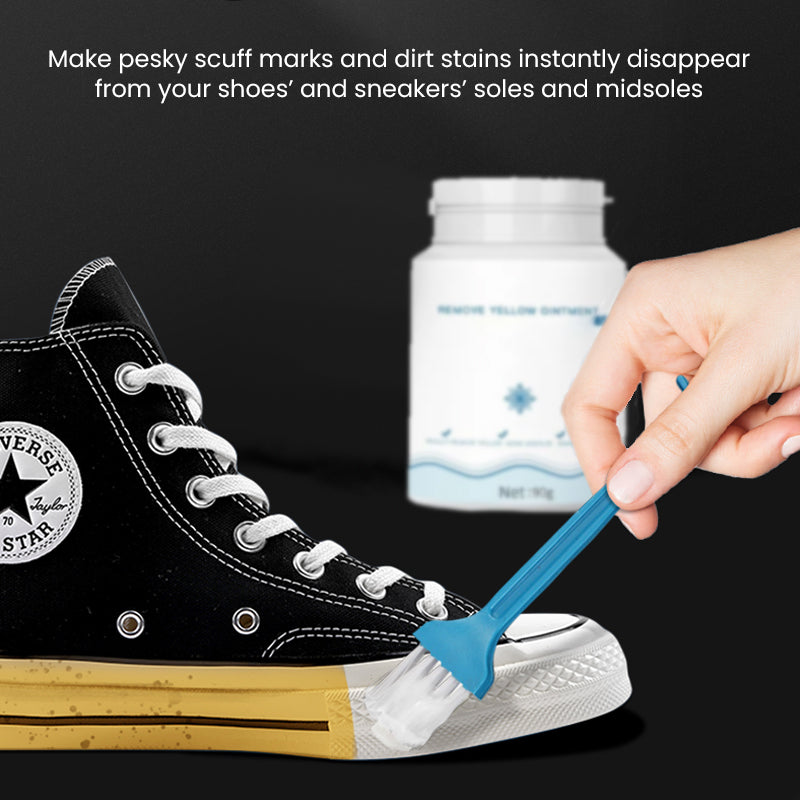 Before and after result: Dirty white shoe vs. clean, bright white shoe with cleansing gel