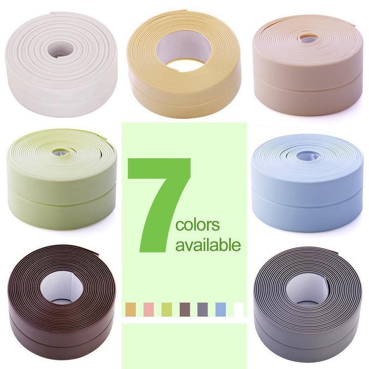 Household waterproof sealing strip on a kitchen countertop edge, preventing water damage, DIY adhesive tape