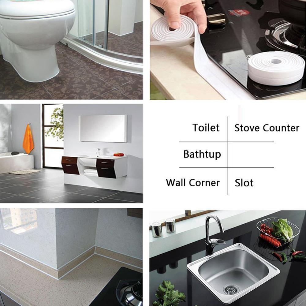 Bathroom shower base sealed with white waterproof caulk tape, offering a clean and durable finish