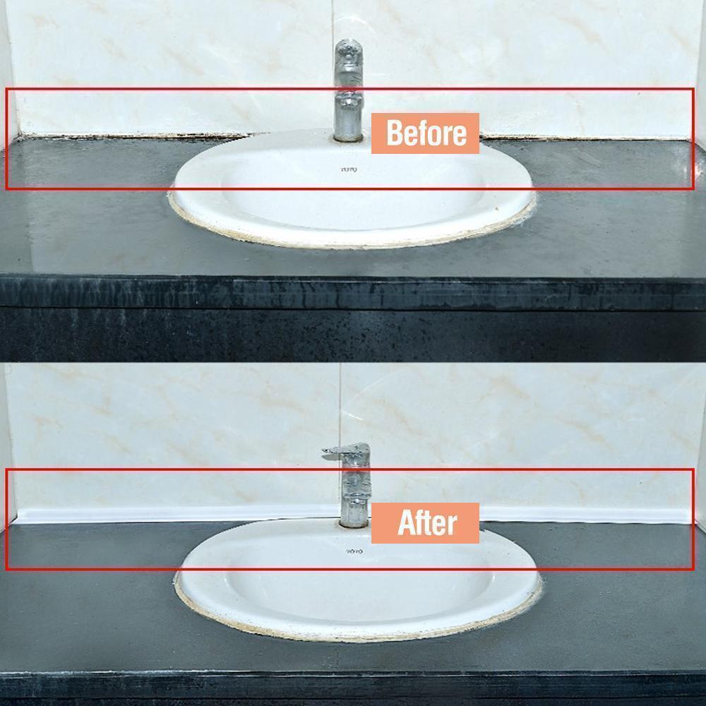 DIY home improvement project using waterproof sealing strip around a kitchen stove for a neat look