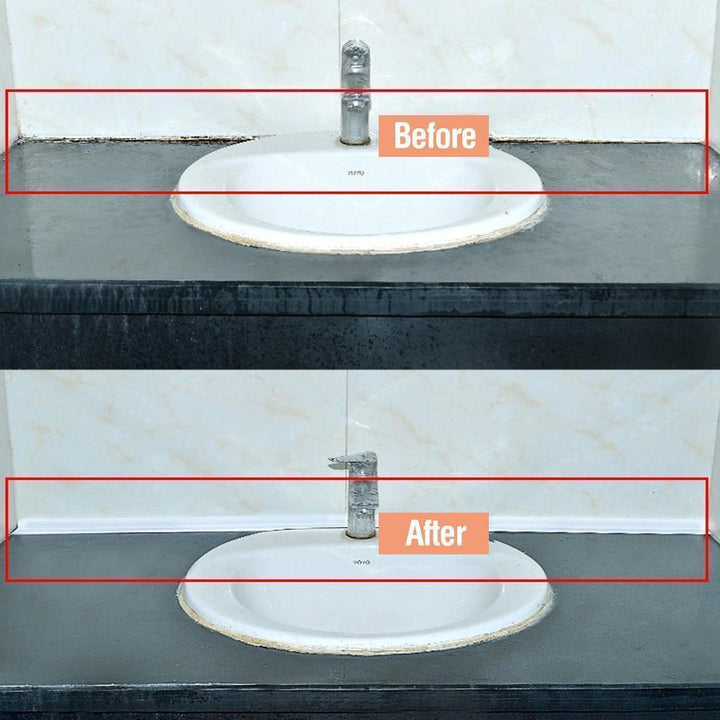 DIY home improvement project using waterproof sealing strip around a kitchen stove for a neat look