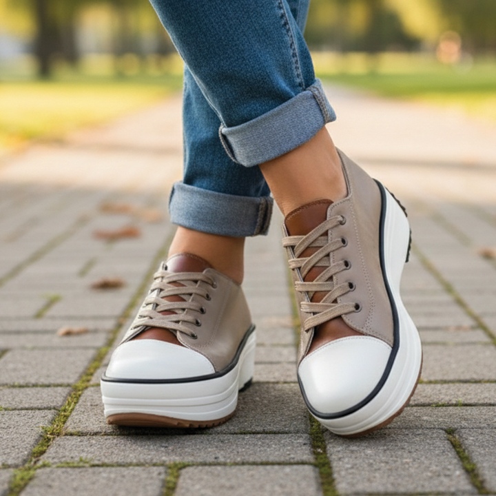 White women's chunky platform sneakers, ideal for trendy everyday fashion and elevated style.